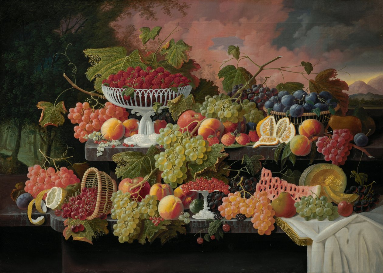 Nature morte à deux niveaux avec fruits et paysage au coucher du soleil - Severin Roesen