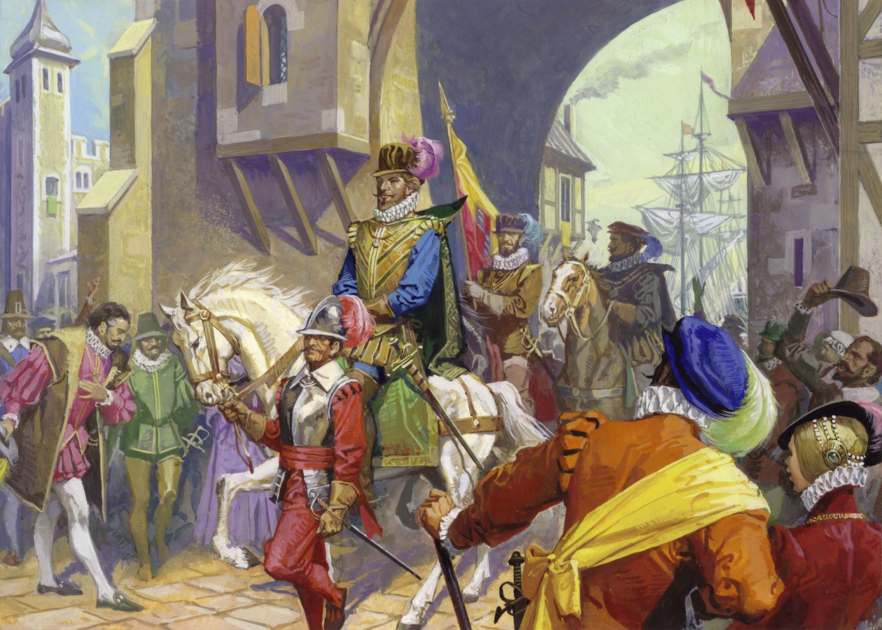 Sir Francis Drake arrivant à Plymouth (gouache sur papier) - Severino Baraldi