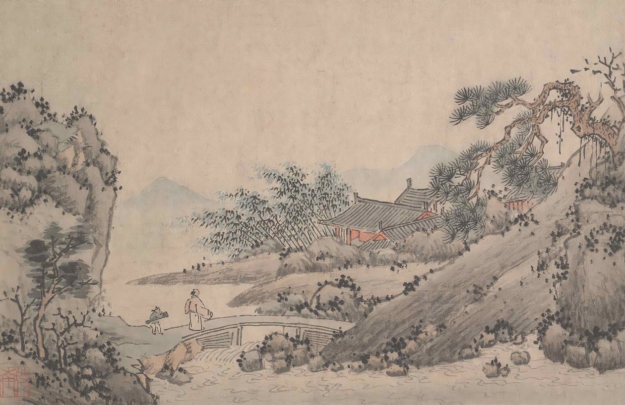 Paysage avec homme traversant un pont - Shen Zhou