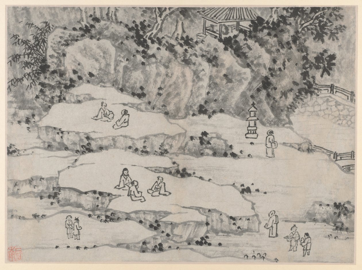 Douze Vues de la Colline du Tigre, Suzhou : La Terrasse de la Pierre Qui Hoche la Tête, Colline du Tigre, et le Siège des Mille Hommes - Shen Zhou