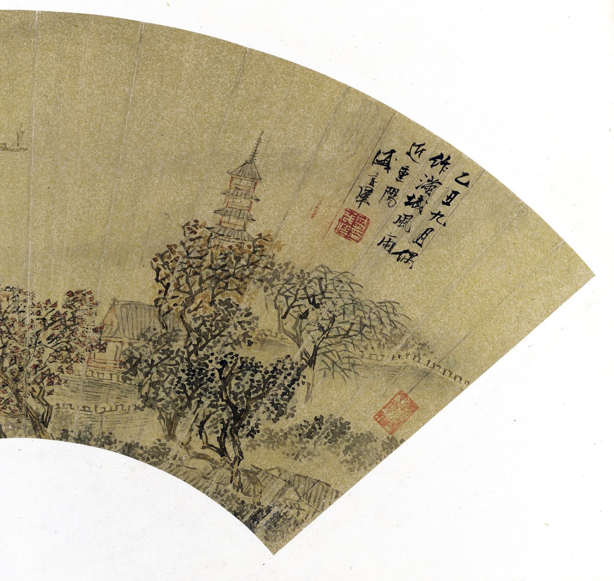 Détail de Paysage avec pagode, maisons et bateaux, 1625 - Sheng Maoye
