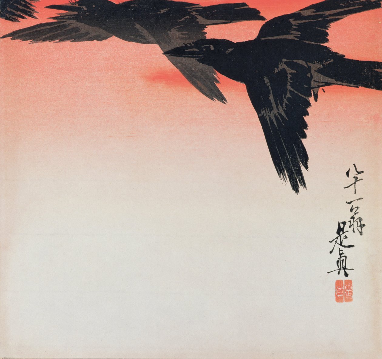Corbeaux en vol dans un ciel rouge - Shibata Zeshin