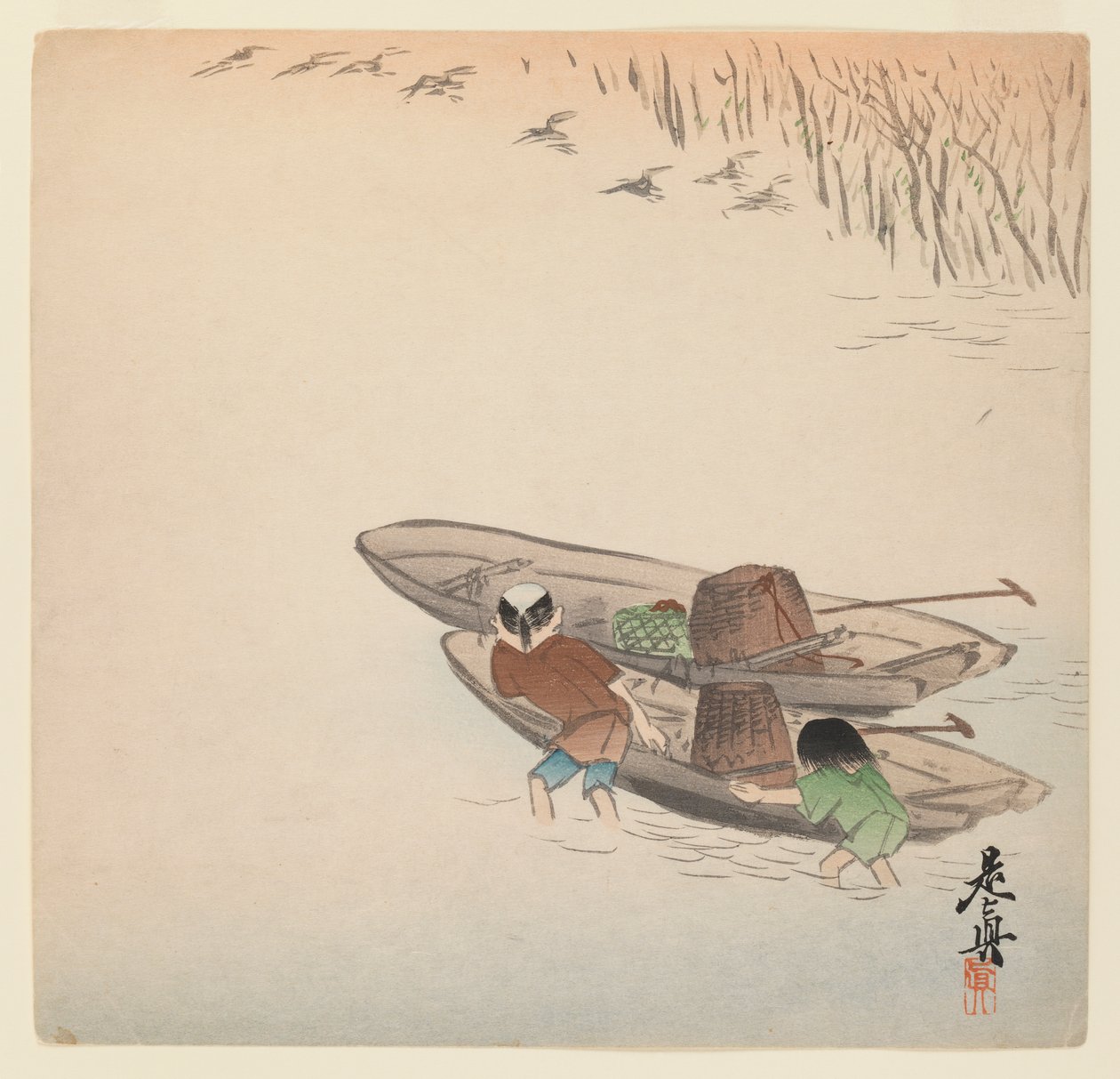 Pêcheur avec garçon et bateaux de la série Hana Kurabe, vers 1880 - Shibata Zeshin