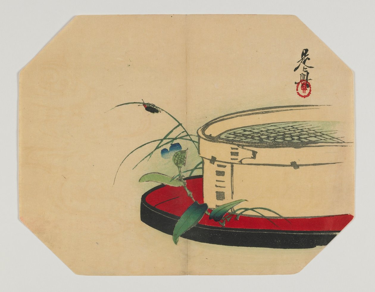 Impression pour un uchiwa; luciole sur plante à fleurs, avec tamis en bambou, époque Meiji, fin du 19e siècle - Shibata Zeshin