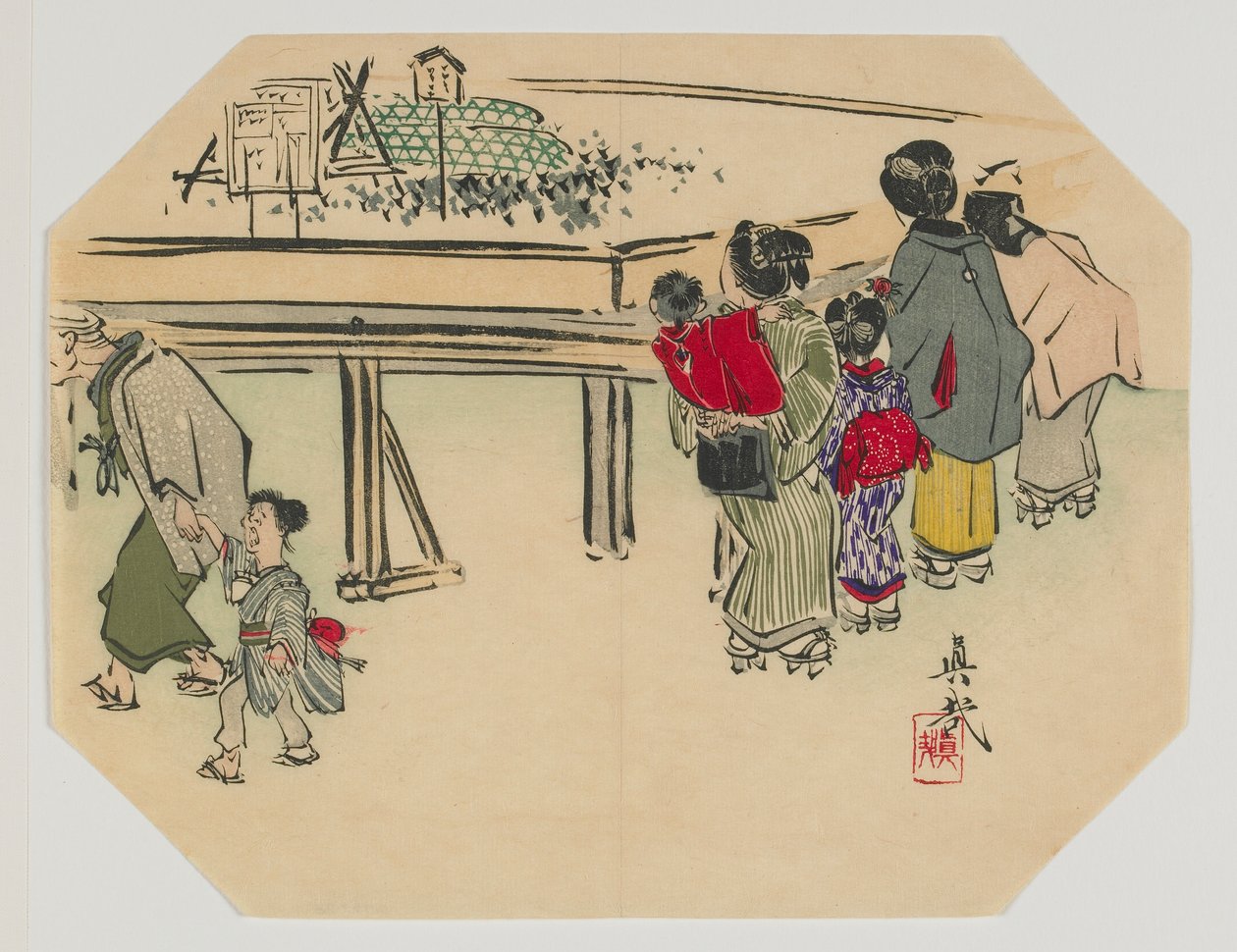 Impression pour un uchiwa, femmes et enfants, époque Meiji, fin du XIXe siècle - Shibata Zeshin