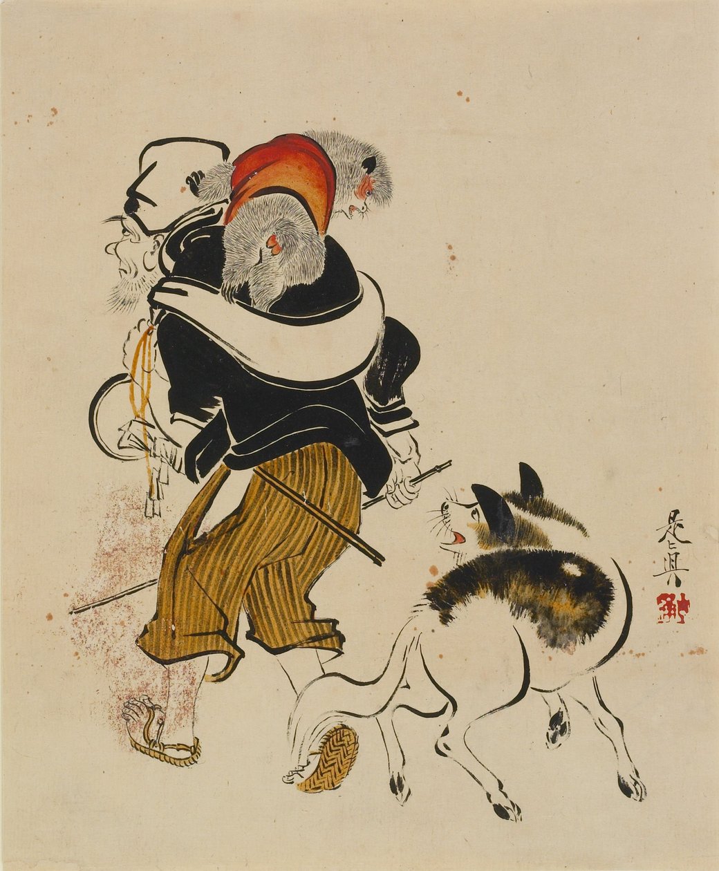 Chien aboyant contre un dresseur de singes - Shibata Zeshin