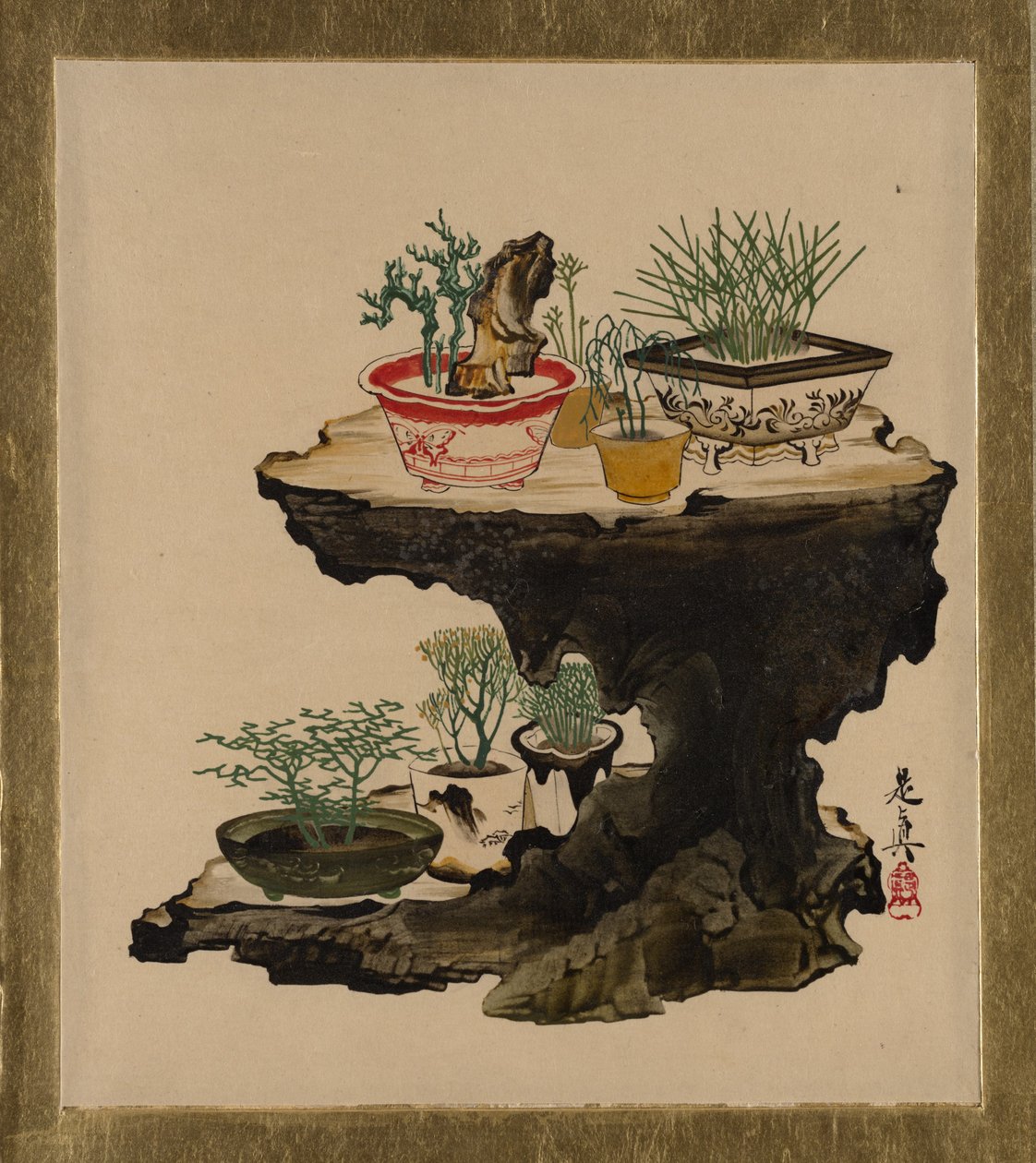 Peintures sur laque de divers sujets : bonsaï - Shibata Zeshin