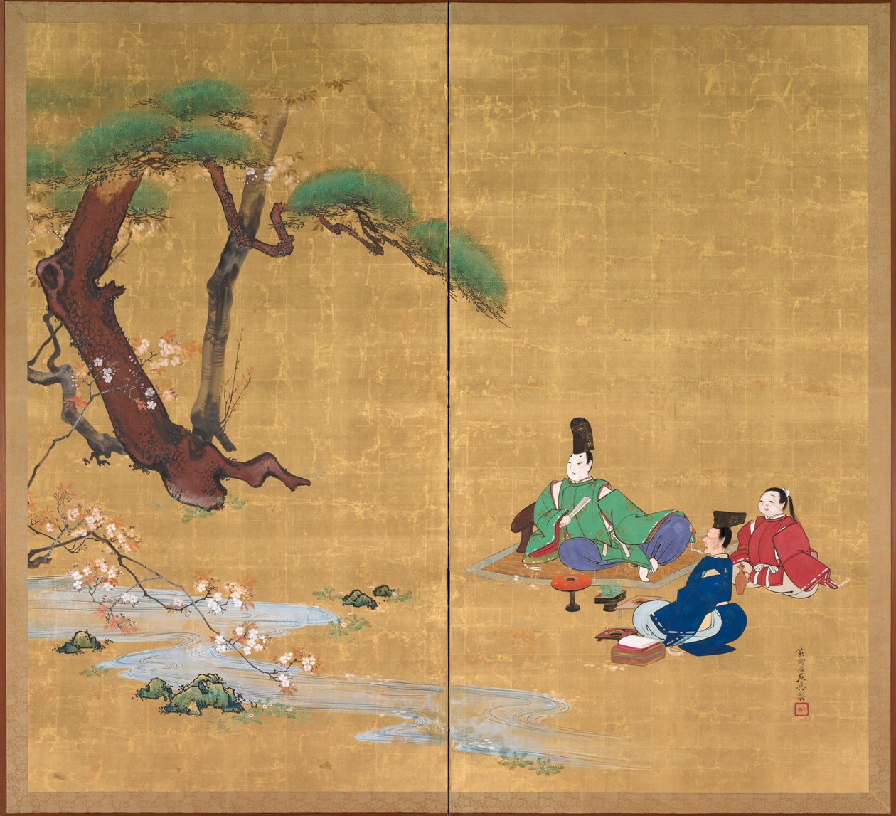 Narihira regardant les fleurs de cerisier, paravent à deux panneaux, fin des années 1800 - Shibata Zeshin