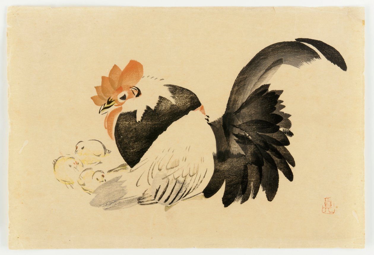 Coq, poule et poussins, époque Meiji, 1870-79 - Shibata Zeshin
