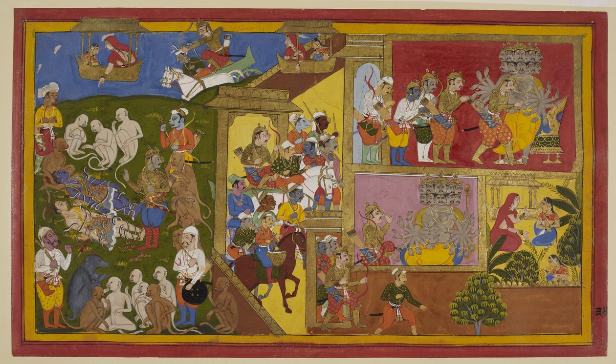 Indrajit blesse Rāma et Lakṣmaṇa ; les singes se désespèrent mais Vibhīṣaṇa les console. - S?hibdin S?hibdin