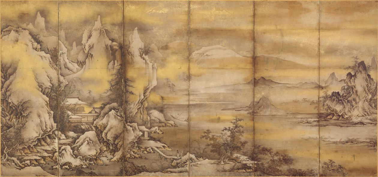 Japonais : 『式部輝忠筆 四季山水図屏風 室町時代 』 Paysage des quatre saisons, une paire (Asian Art Museum B60D49+) - Shikibu Terutada