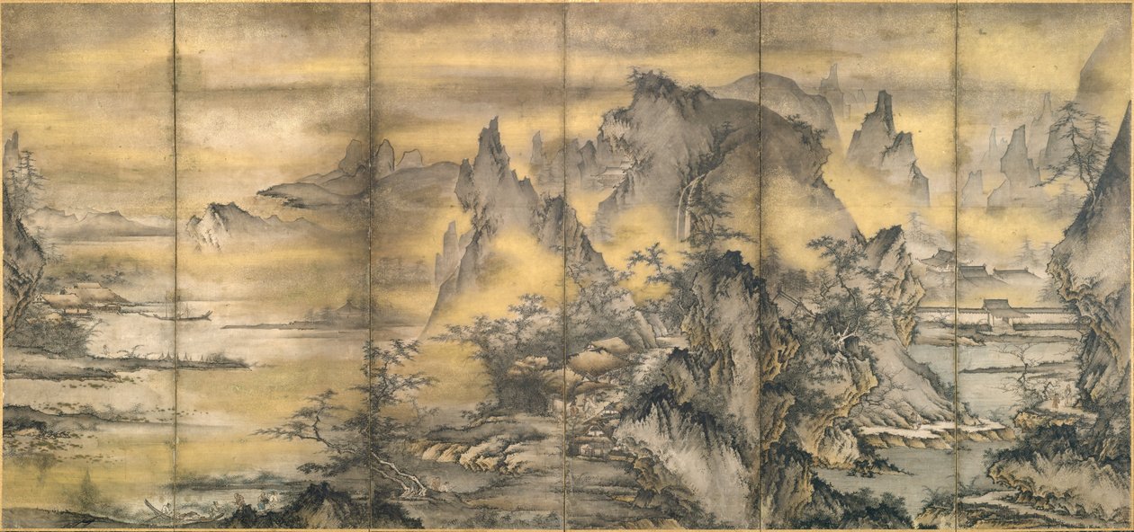 Japonais : 『式部輝忠筆 四季山水図屏風 室町時代 』 Paysage des quatre saisons, un exemplaire de la paire - Shikibu Terutada