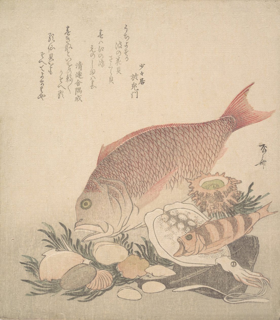 Grands et petits poissons nageant parmi les coquillages et les algues au fond de la mer, ca. 1830 - Shinsai