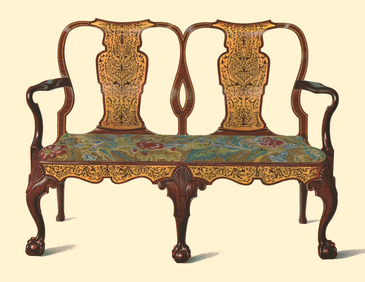 Canapé en noyer incrusté de marqueterie, 1905 - Shirley Charles Llewellyn Slocombe