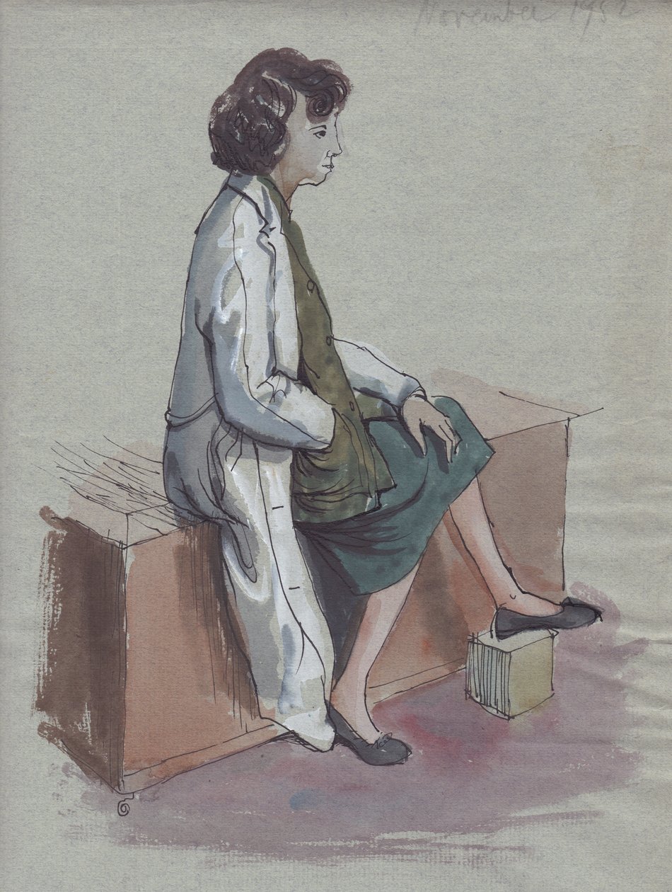 Femme assise en manteau blanc, 1952 - Shirley Markham