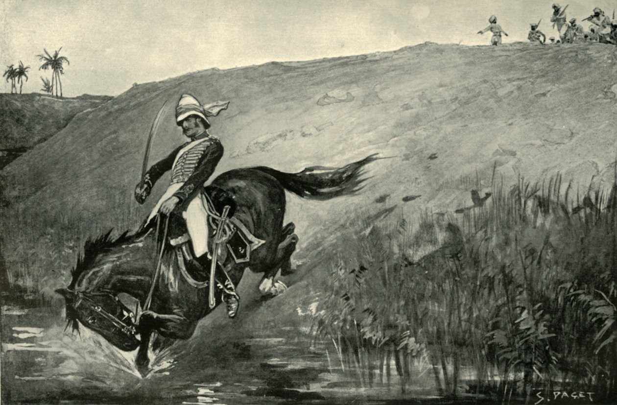 Évasion étroite du lieutenant Roberts poursuivi par des indigènes près de Lucknow, 1901 - Sidney Paget