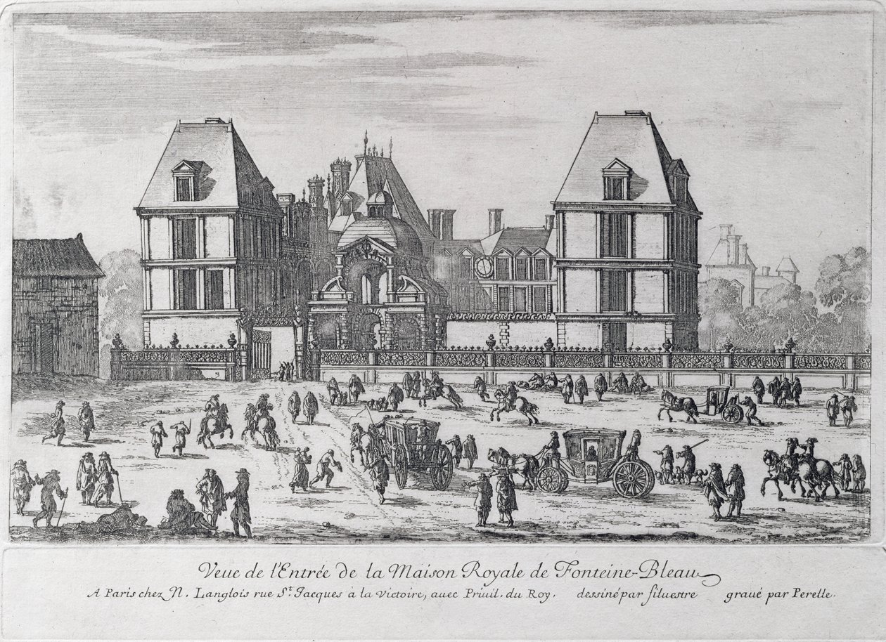 Entrée du Palais Royal de Fontainebleau, gravée par Nicolas (1631-c.93) ou Adam (1638-95) Perelle, pub. par Nicholas Langlois - Silvestre