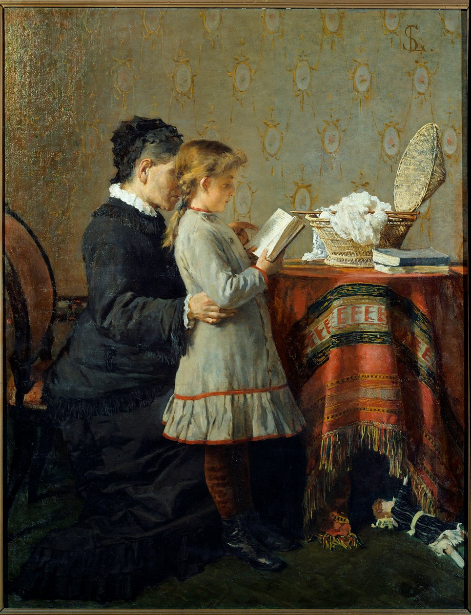 Leçon de lecture. Une nourrice apprend à lire à une petite fille. Peinture de Silvestro Lega (1826-1895) Éc. italienne - Silvestro Lega