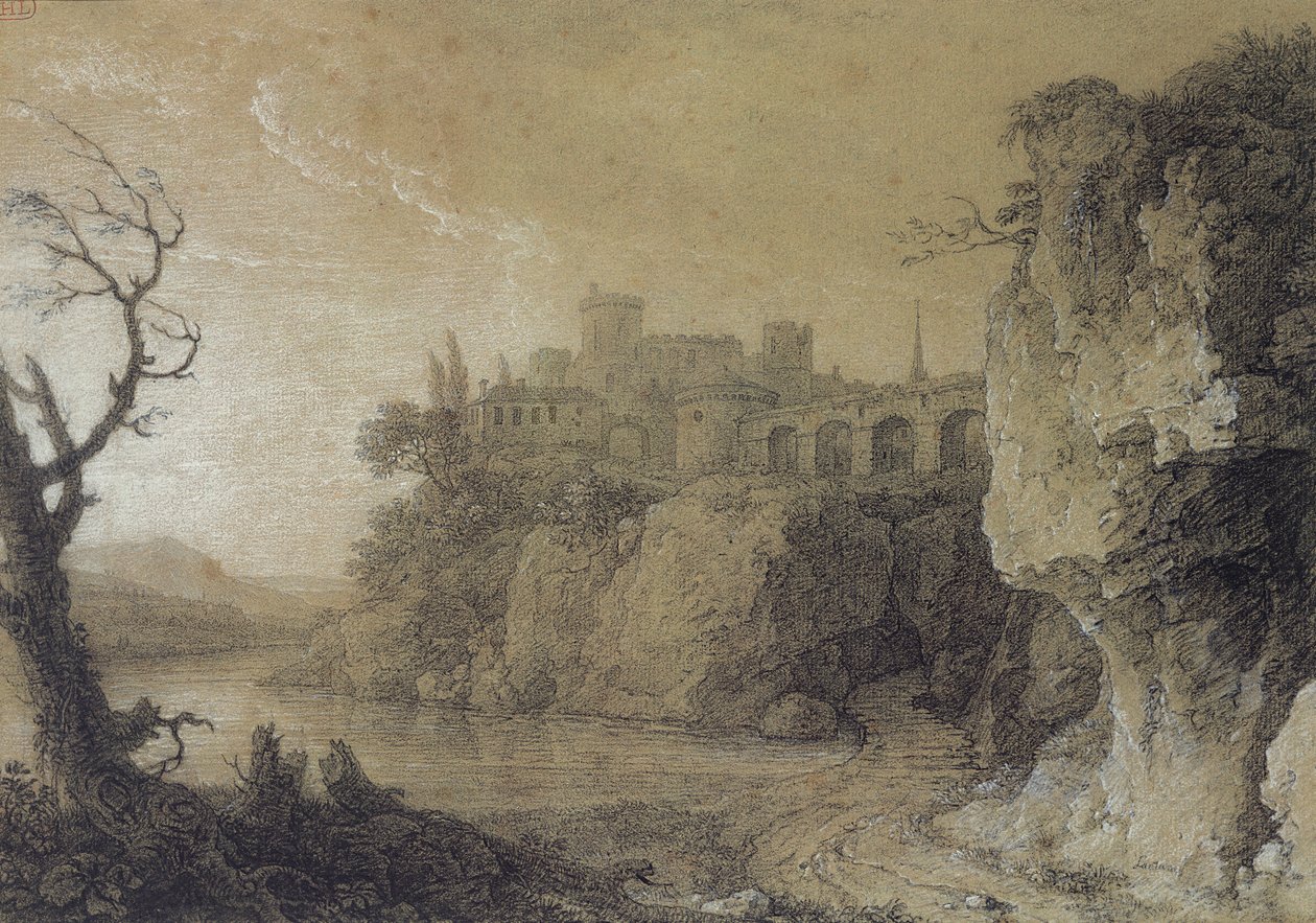 Paysage avec une rivière et un village fortifié - Simon Mathurin Lantara