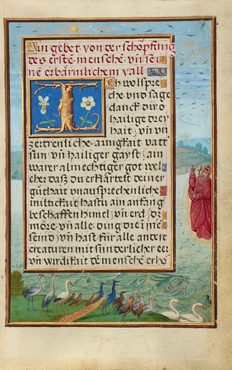 Bordüre mit der Erschaffung von Vögeln und Fischen - Simon Bening