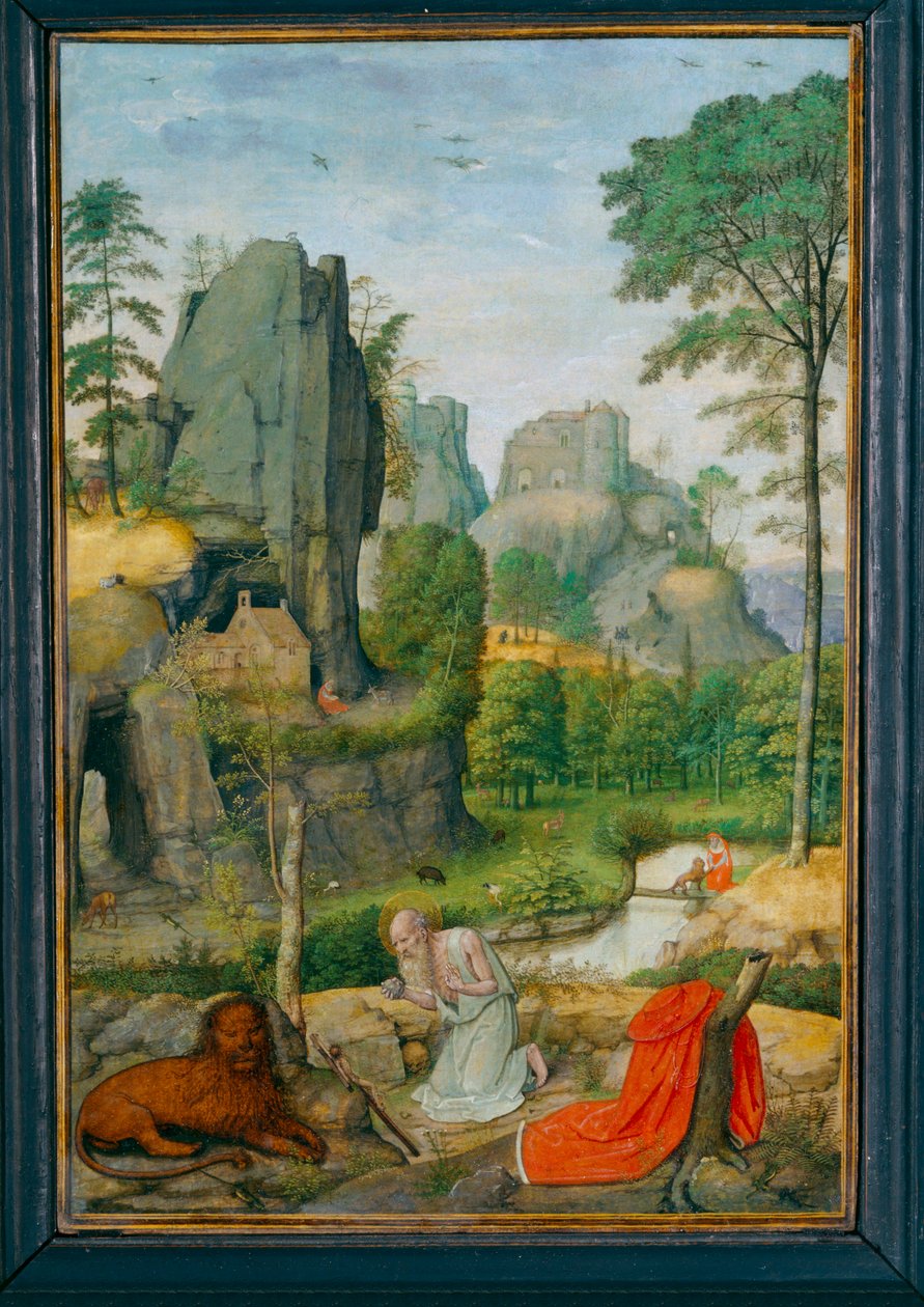 Paysage avec saint Jerôme penitent et la guerison du lion - Landscape with saint Jerome penitent and the cure of the lion ... - Simon Bening