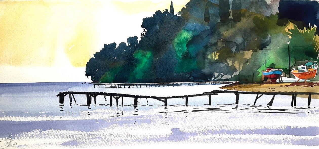 Jetées de Corfou, 2007 (aquarelle) - Simon Fletcher