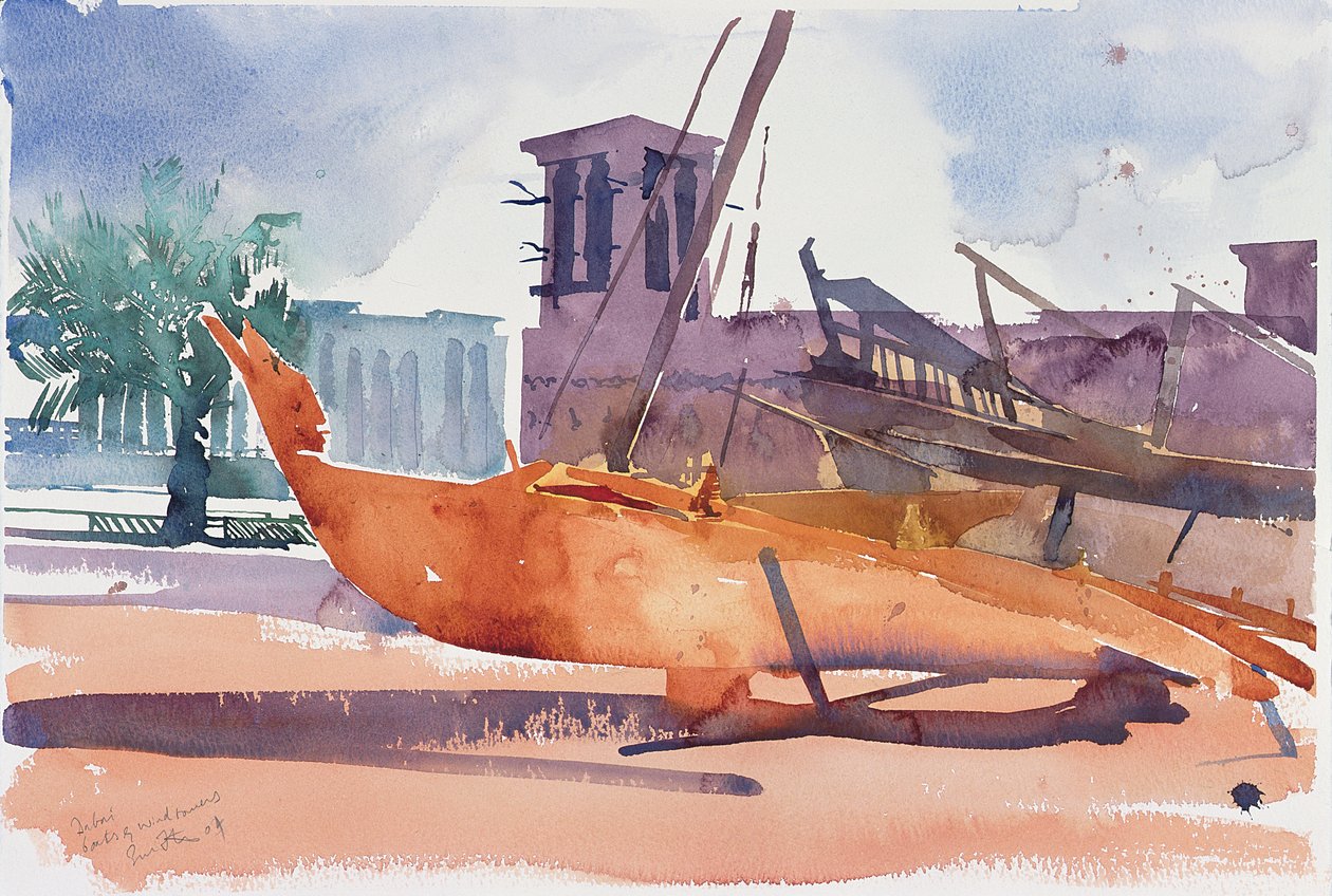Dubaï, bateaux et tours à vent, 2004 (aquarelle sur papier) - Simon Fletcher