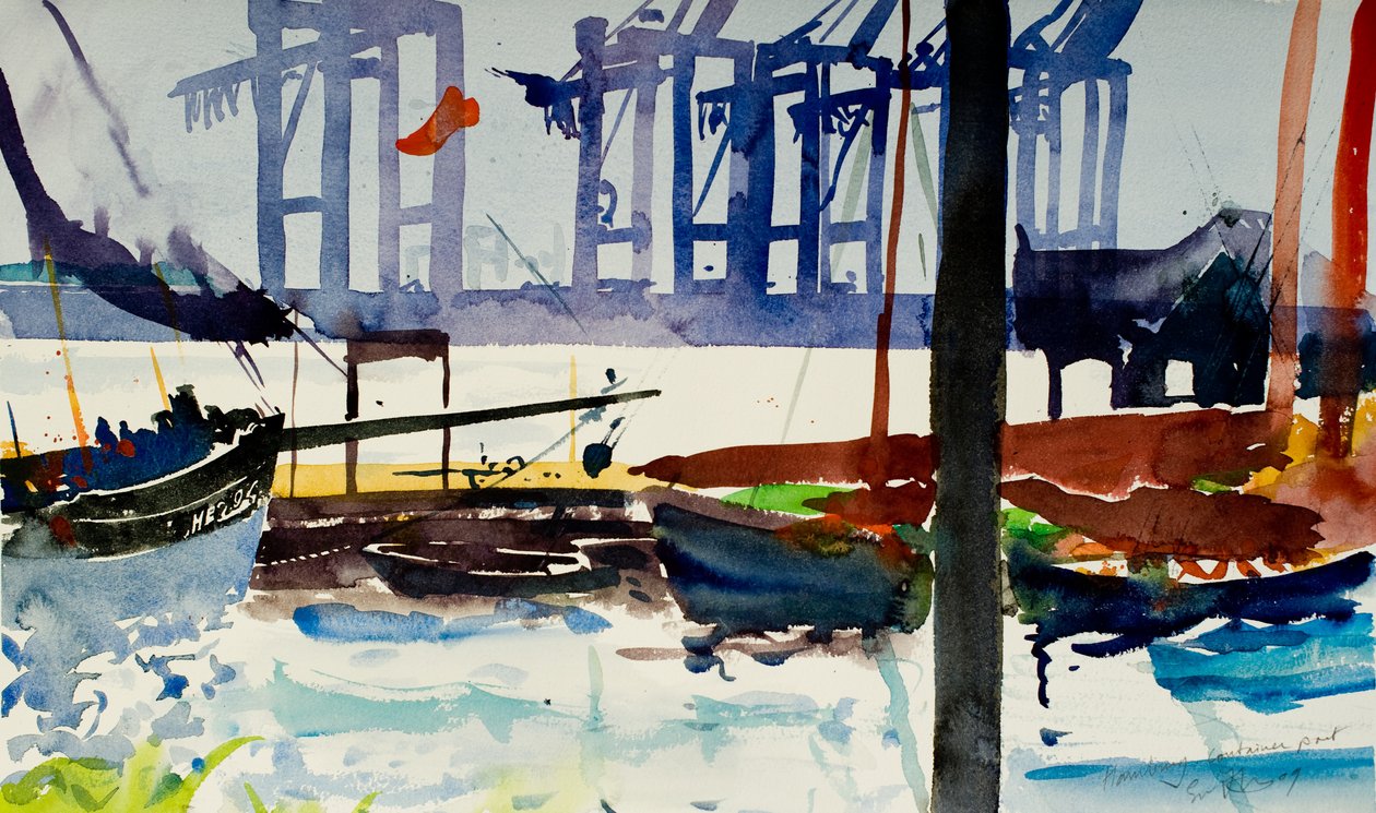 Hambourg, port de conteneurs, 2009 (aquarelle) - Simon Fletcher
