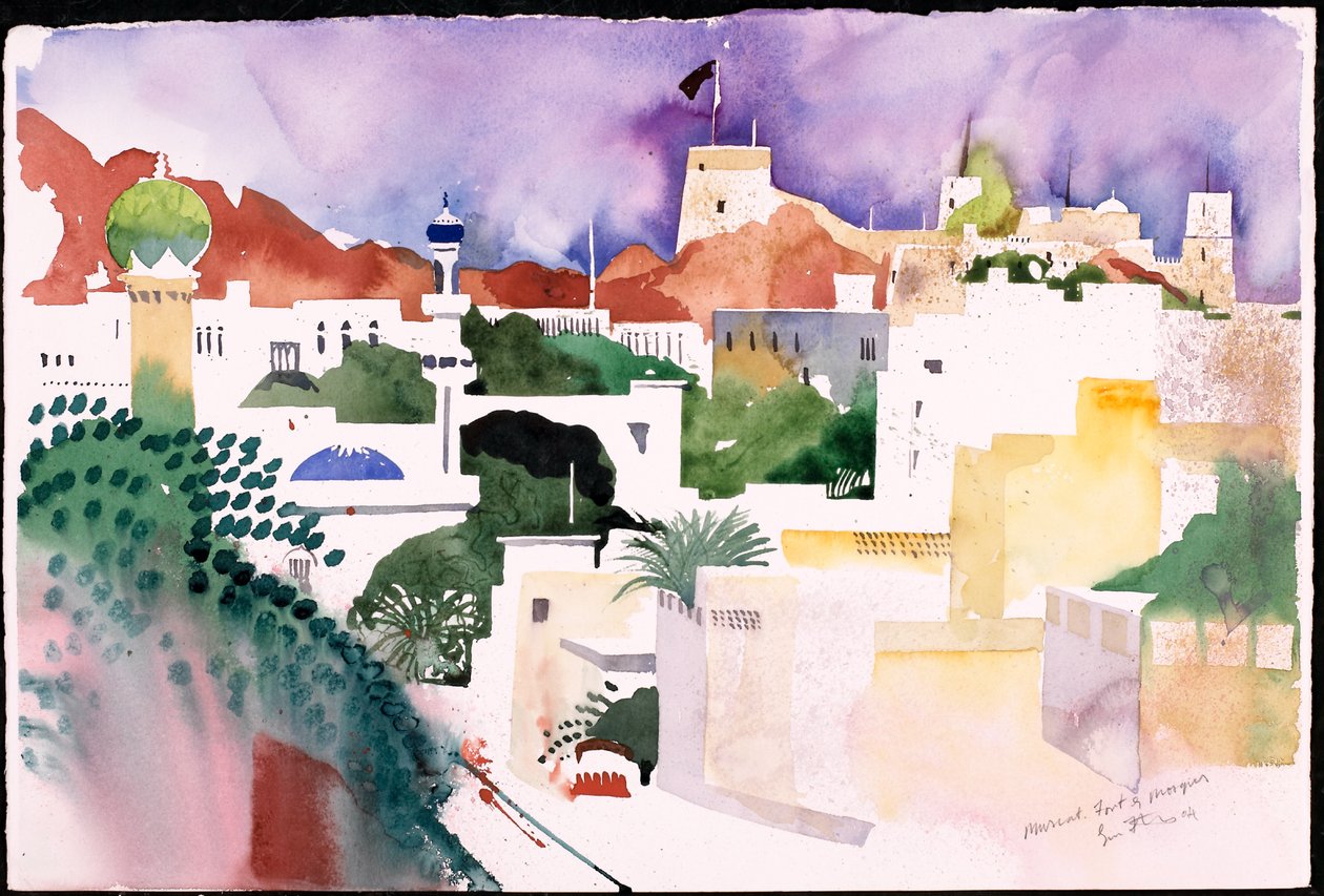 Fort de Mascate et mosquées (aquarelle sur papier) - Simon Fletcher