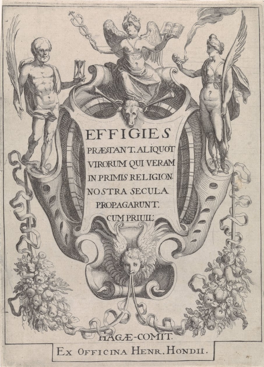 Cartouche met guirlandes en figuren - Simon Frisius