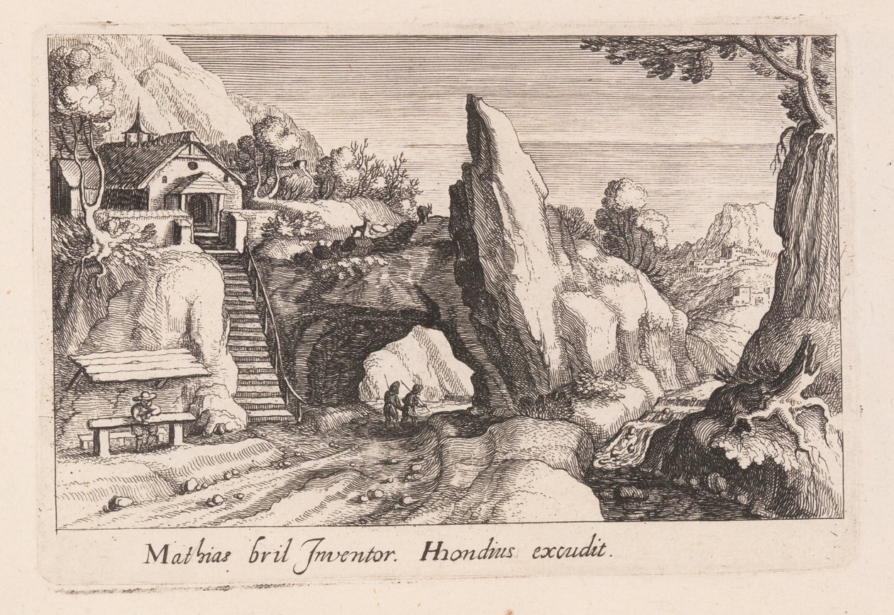 Paire de personnages marchant sous un pont rocheux, tiré de Topographia Variarum Regionum - Simon Frisius