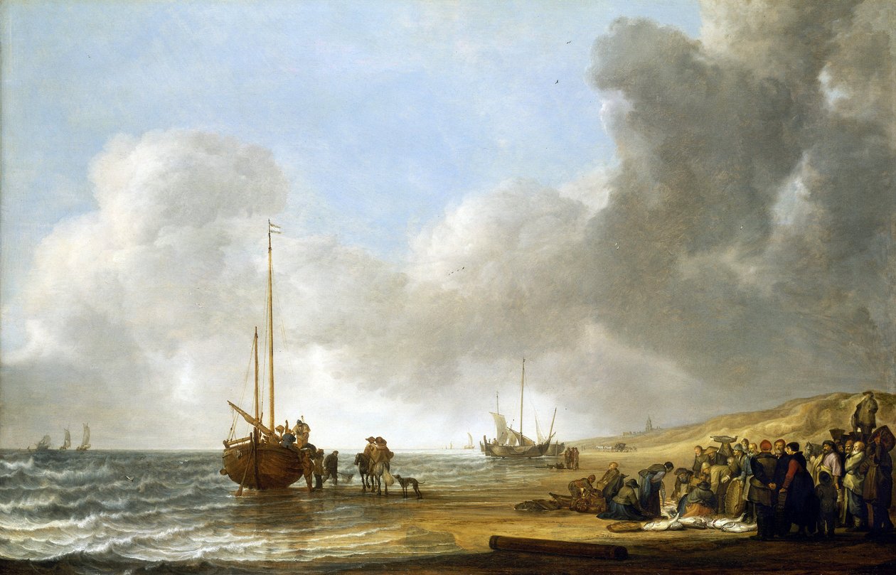 Une scène sur la plage de Scheveningen (La Haye, Pays-Bas), la mer à gauche et les dunes de sable à droite, au centre, un bateau de pêche sur sa quille, et un groupe de pêcheurs - Simon Jacobsz. Vlieger