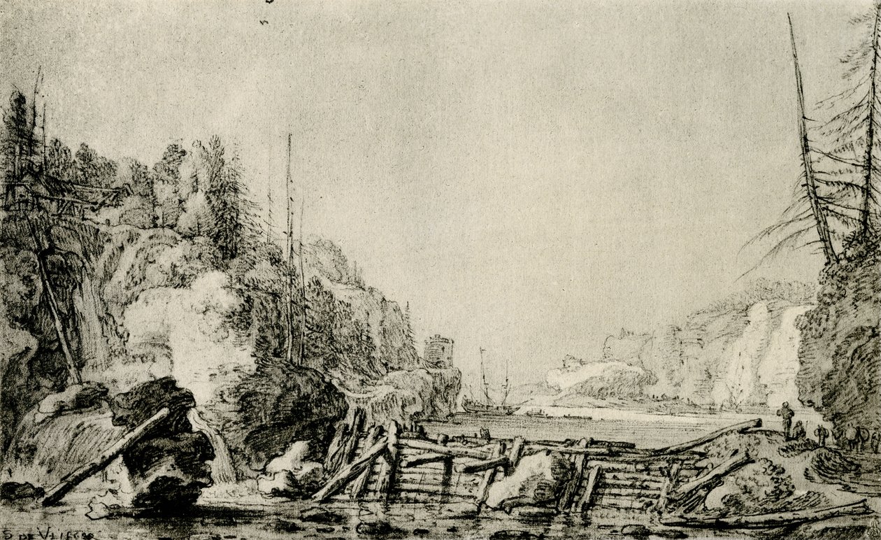 Paysage avec une rivière entre des rives montagneuses - Simon de Vlieger