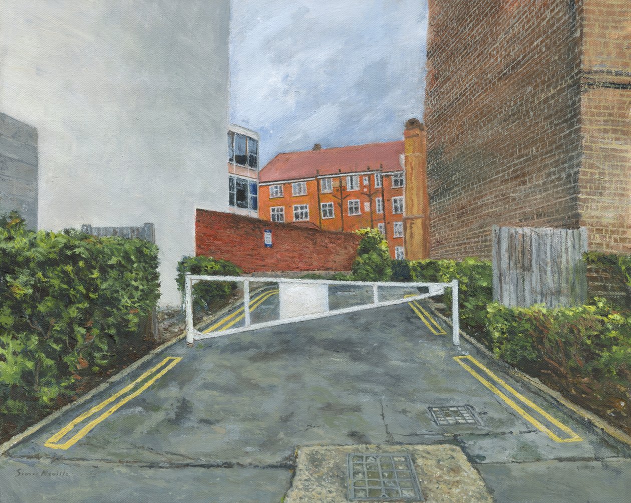 Entrée des bâtiments, 2025 (huile sur toile) - Simon Neville