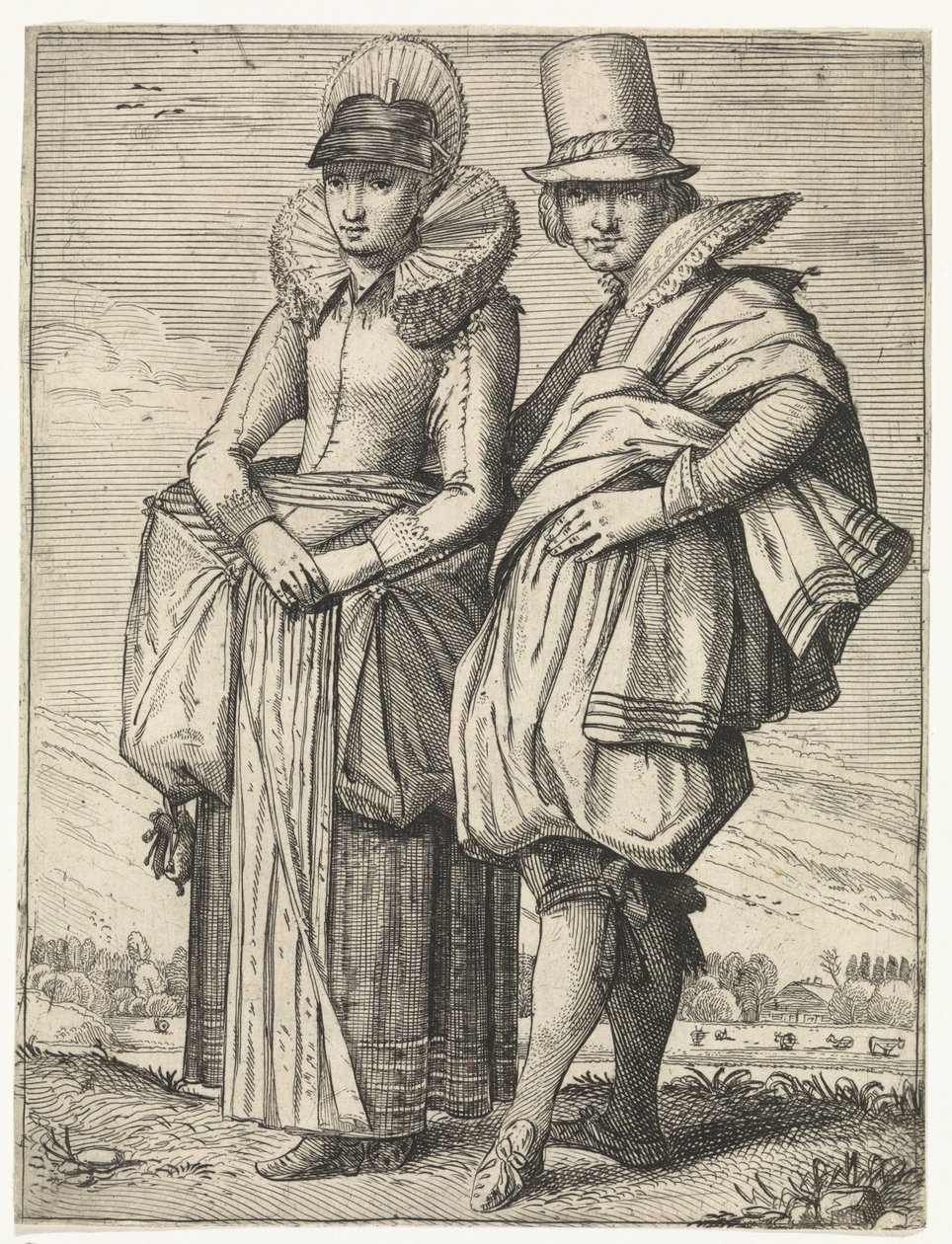 Homme et femme habillés selon la mode de 1625 - Simon Poelenburg (attributed to)