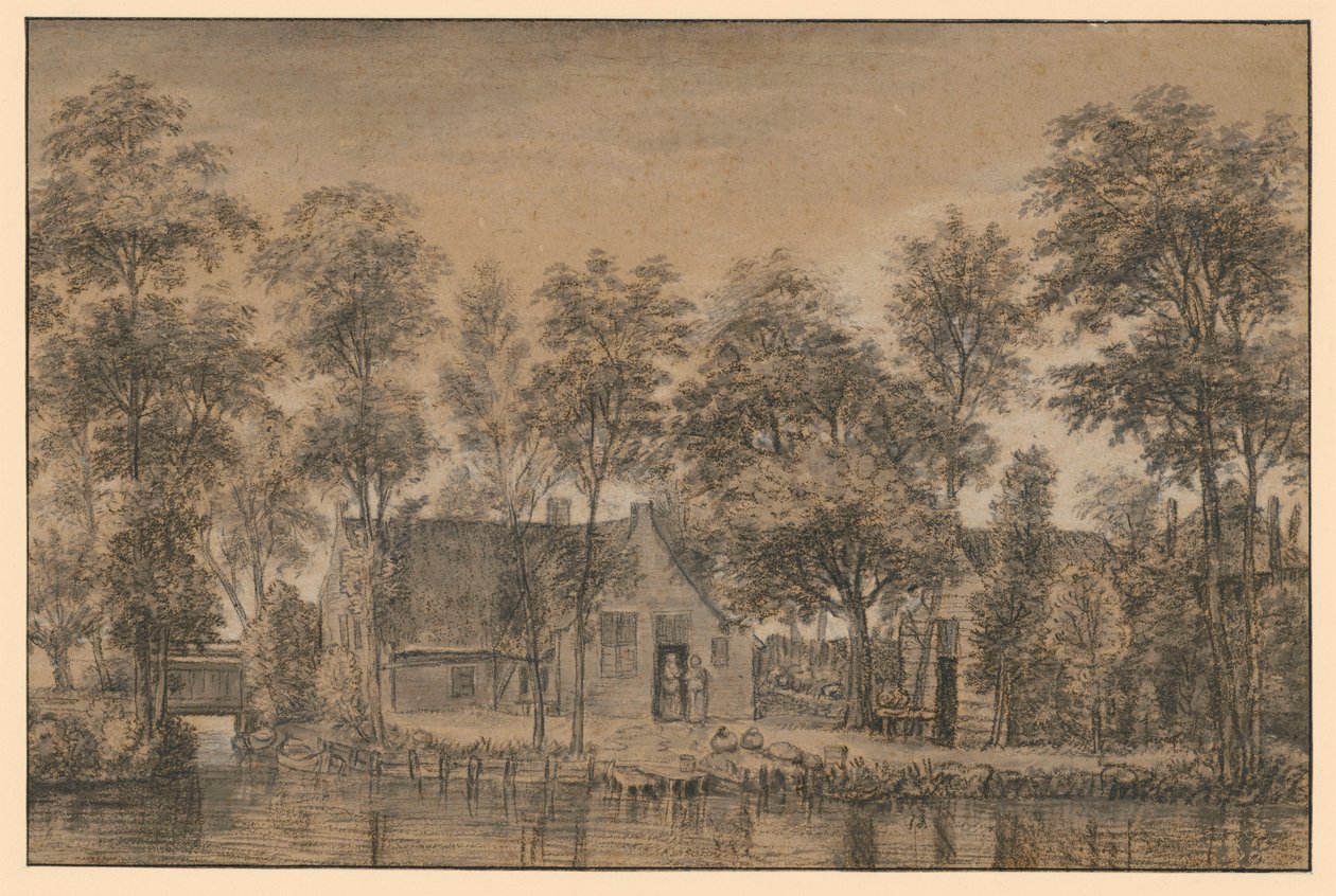 Ferme sous les arbres au bord du canal - Simon de Vlieger