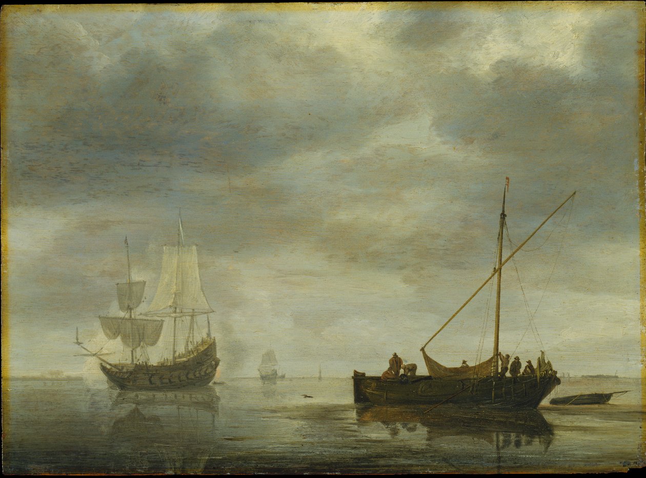 Navire à un mât et frégate tirant un salut sur une mer calme - Simon de Vlieger