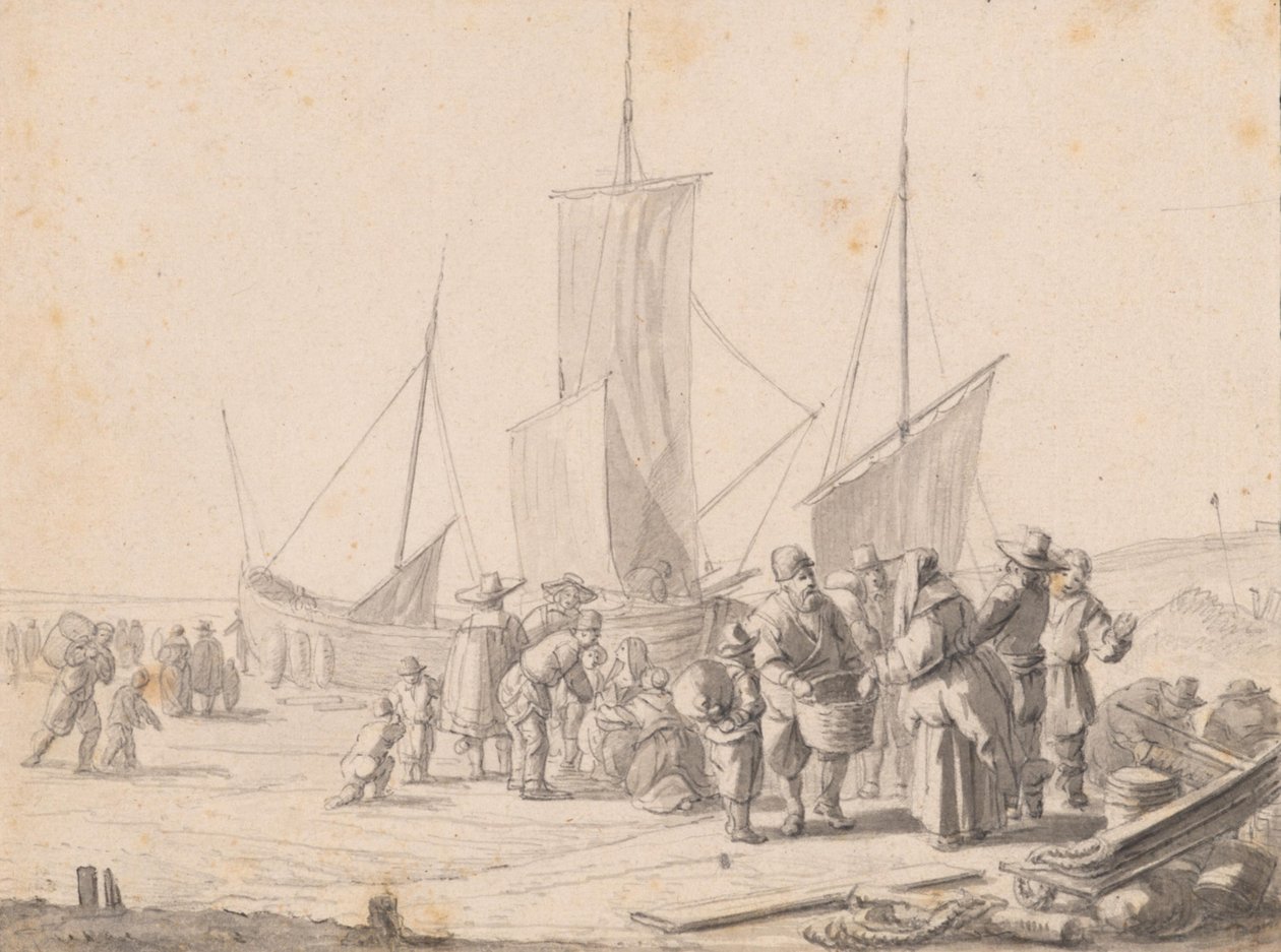 Plage avec vendeurs de poisson - Simon de Vlieger