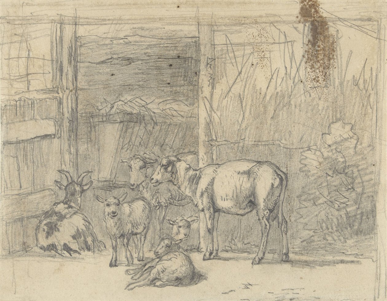 Moutons et une chèvre devant une étable - Simon van den Berg