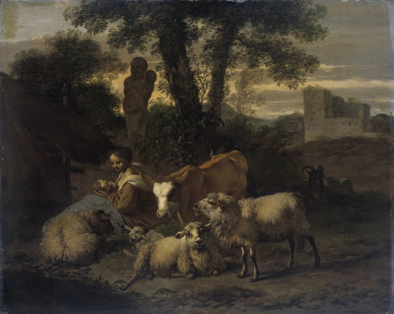 Paysage italien avec bergère et troupeaux - Simon van der Does