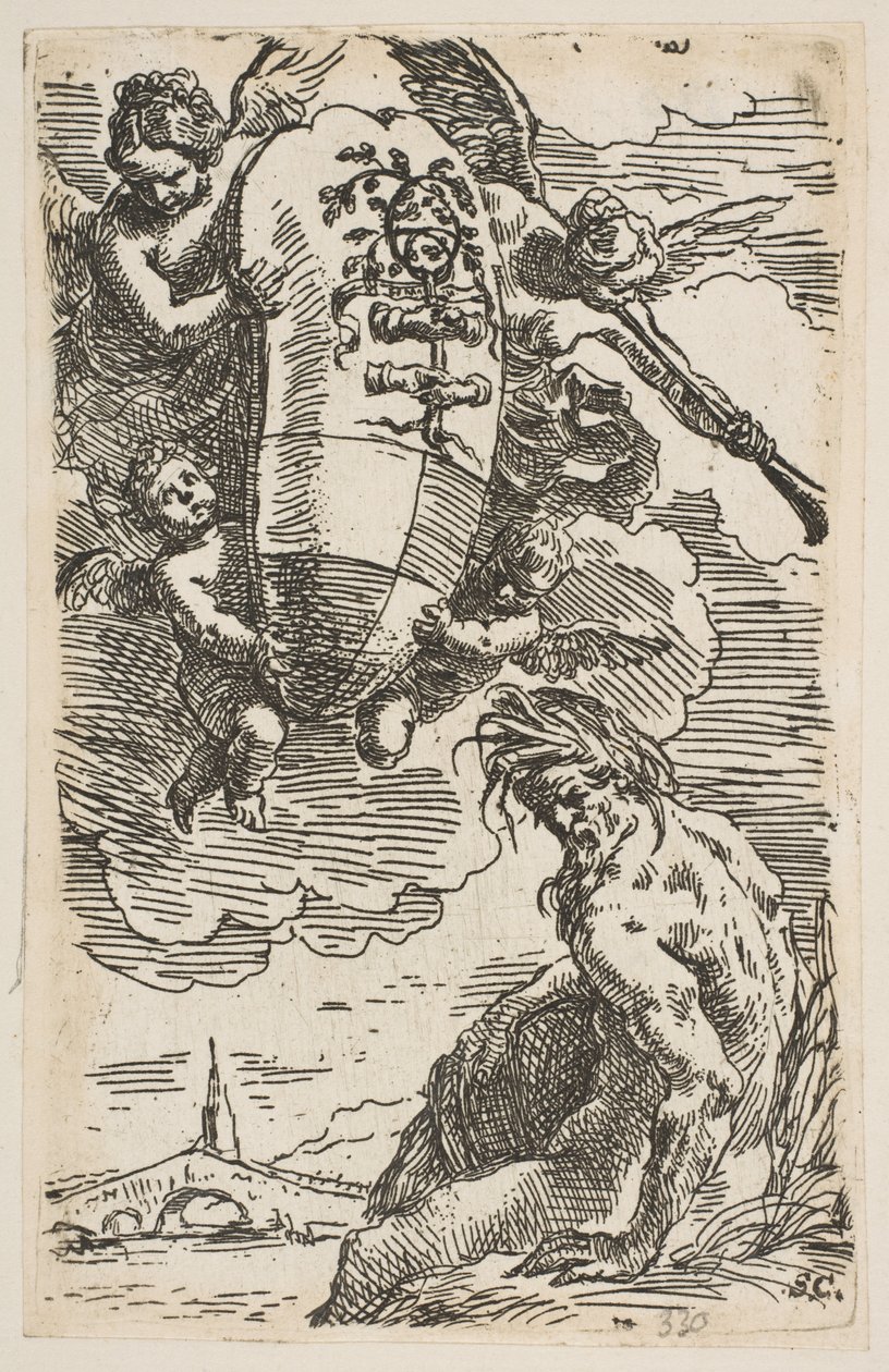 Allégorie de la Rivière Foglia avec les armoiries de la ville de Pesaro, frontispice pour - Simone Cantarini