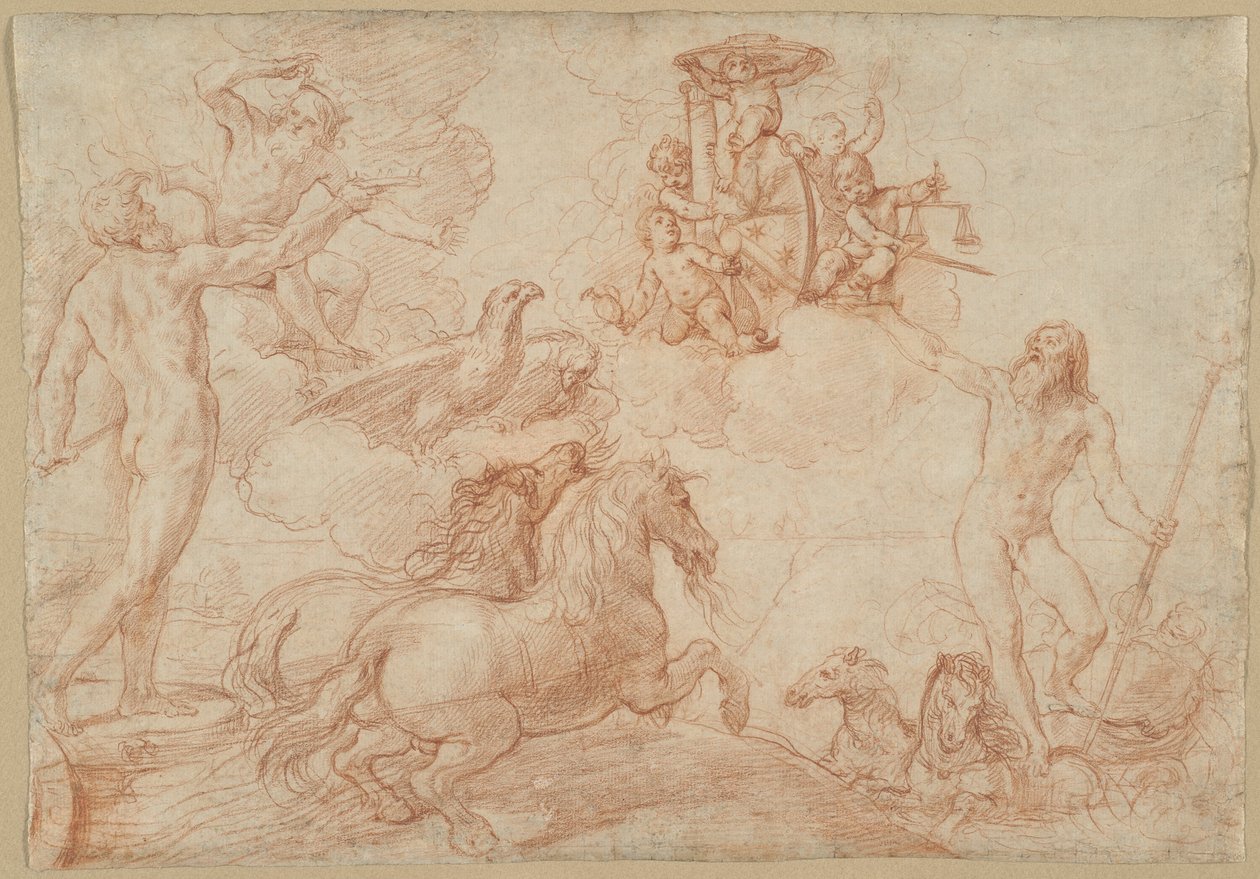 Jupiter, Neptune et Pluton rendant hommage aux armoiries du cardinal Borghese - Simone Cantarini