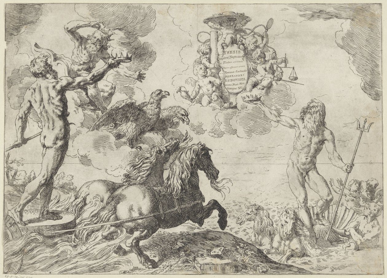 Jupiter, Neptune et Pluton offrent leurs couronnes aux armes du cardinal Scipione Borghese - Simone Cantarini