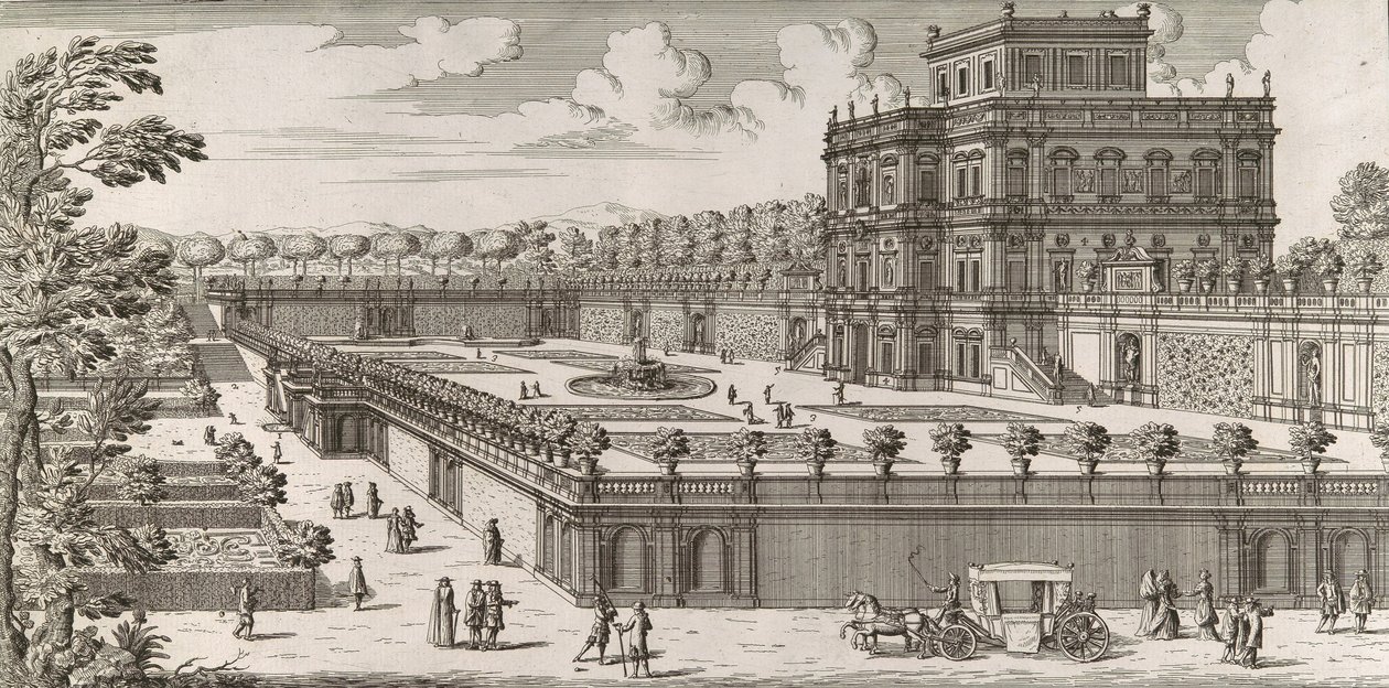 Vue de la façade latérale du Palazzo Pamphili et de son jardin Secondo prospetto pe..., après 1677 - Simone Felice