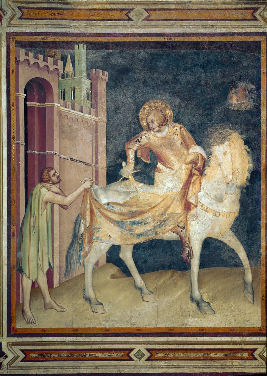 Saint Martin partage son manteau avec un mendiant. Fresque de Simone Martini (1282-1344). 1315. Basilique inférieure de Saint François d