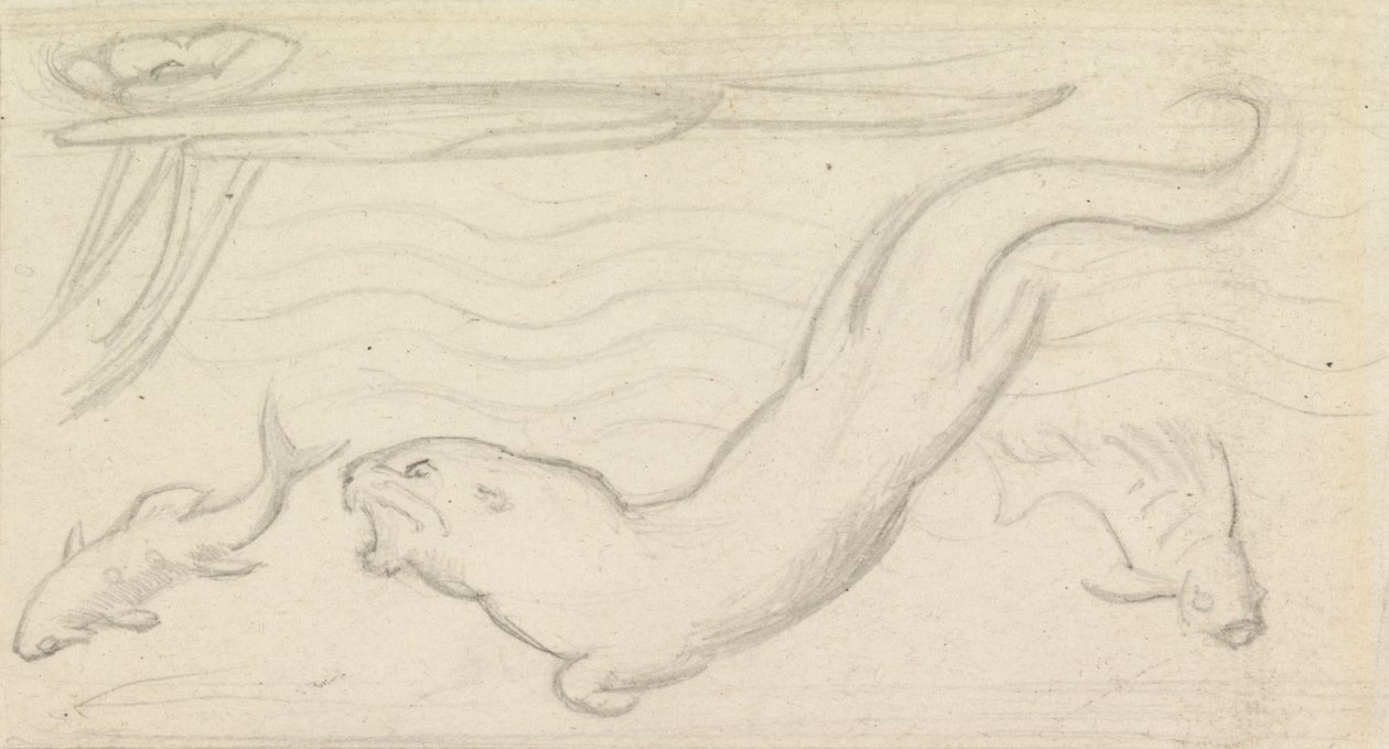 Étude de vitrail, une loutre et deux poissons - Sir John Everett Millais