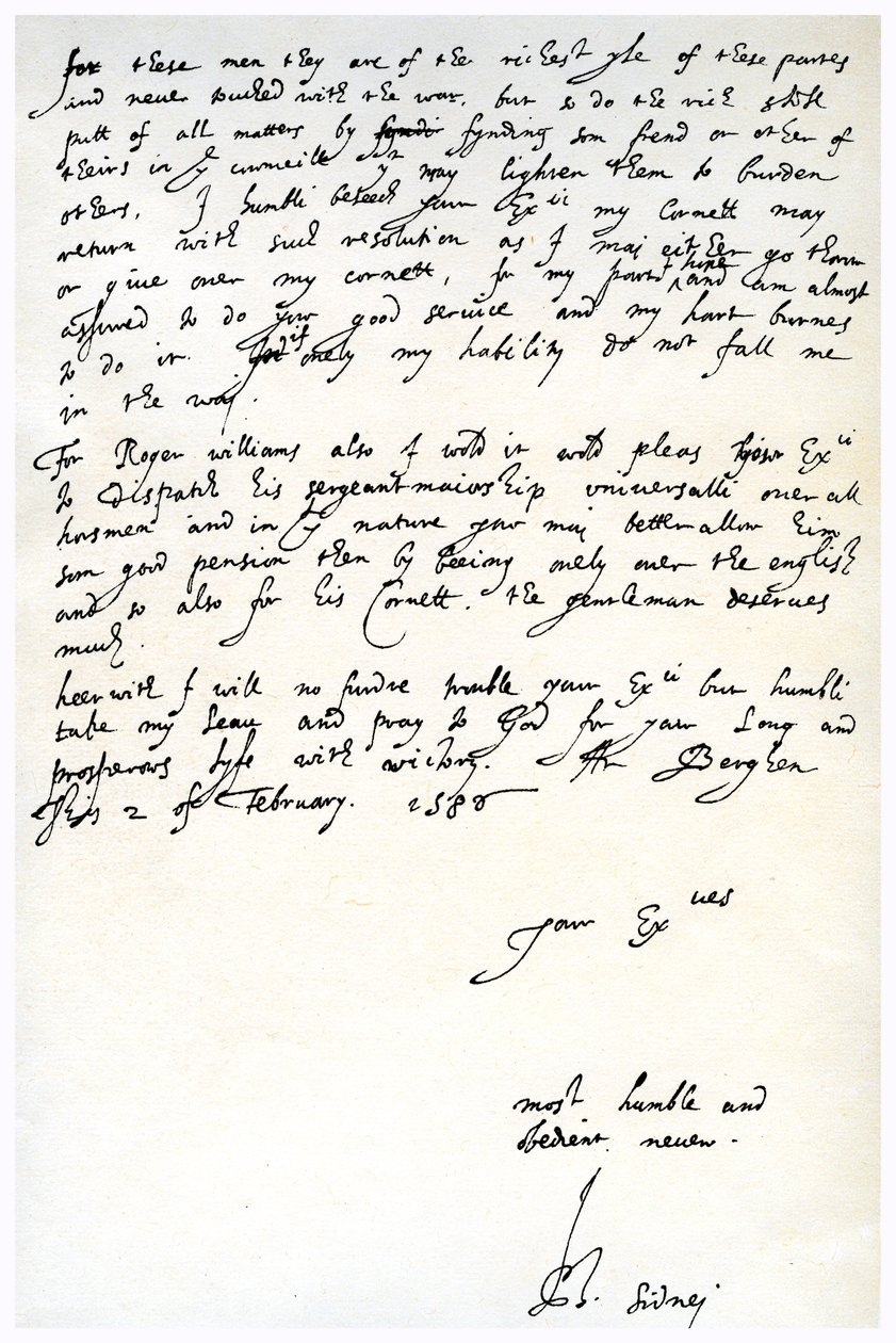 Lettre de Sir Philip Sidney à Robert Dudley, Comte de Leicester, 2 février 1586 - Sir Philip Sidney