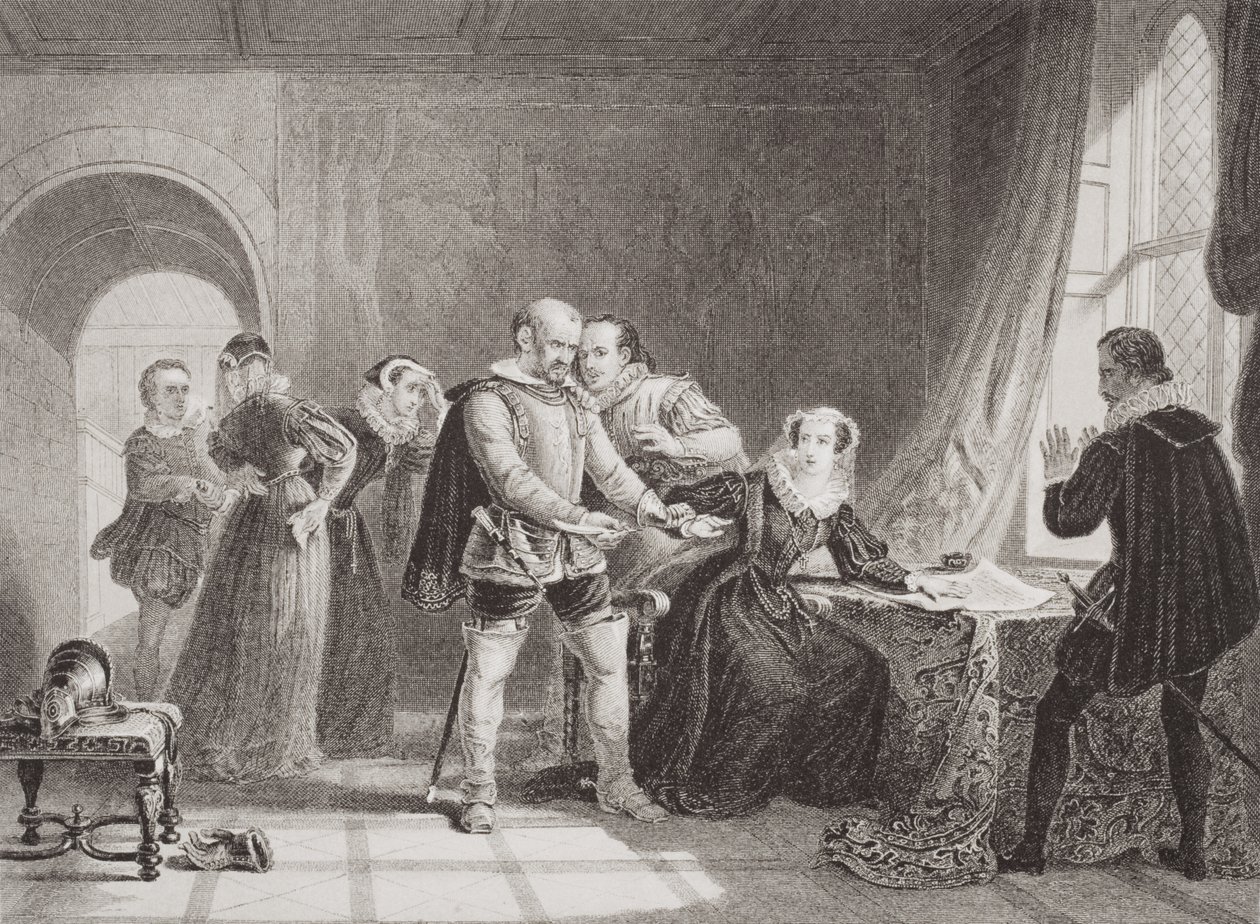 Marie Stuart (1542-87) contrainte de signer son abdication au château de Lochleven en 1567, tiré de 