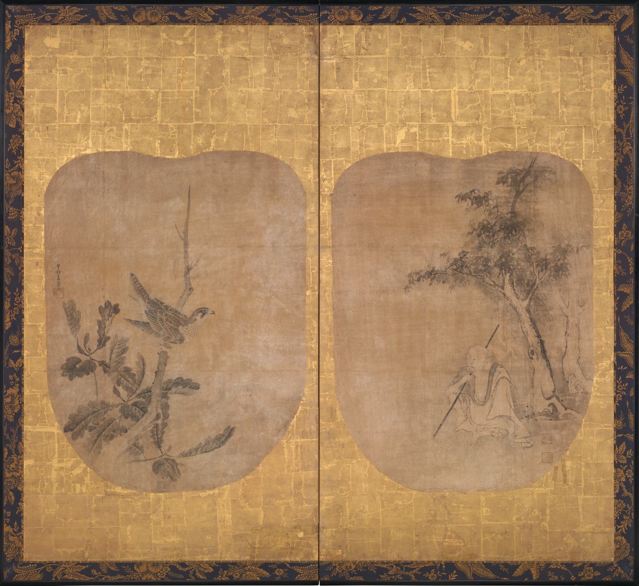 Sage taoïste sous un arbre et faucon sur une branche, milieu du 17ème siècle - Soga Nichokuan
