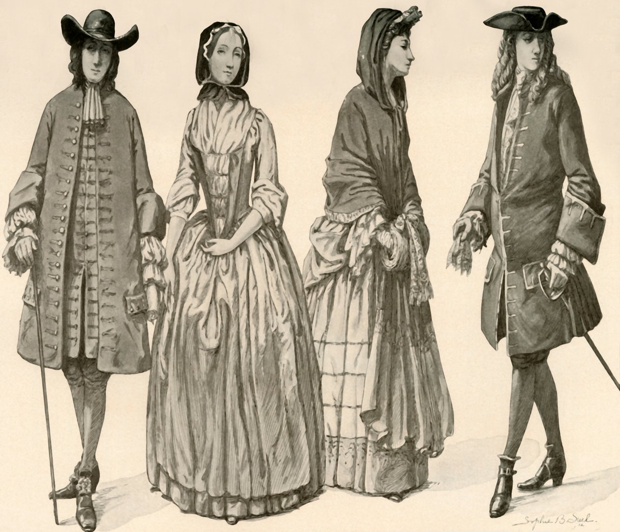 Vêtements sous les règnes de Charles II, Jacques II, Guillaume et Marie 1682-1700, 1903, 1937 - Sophie B. Steel
